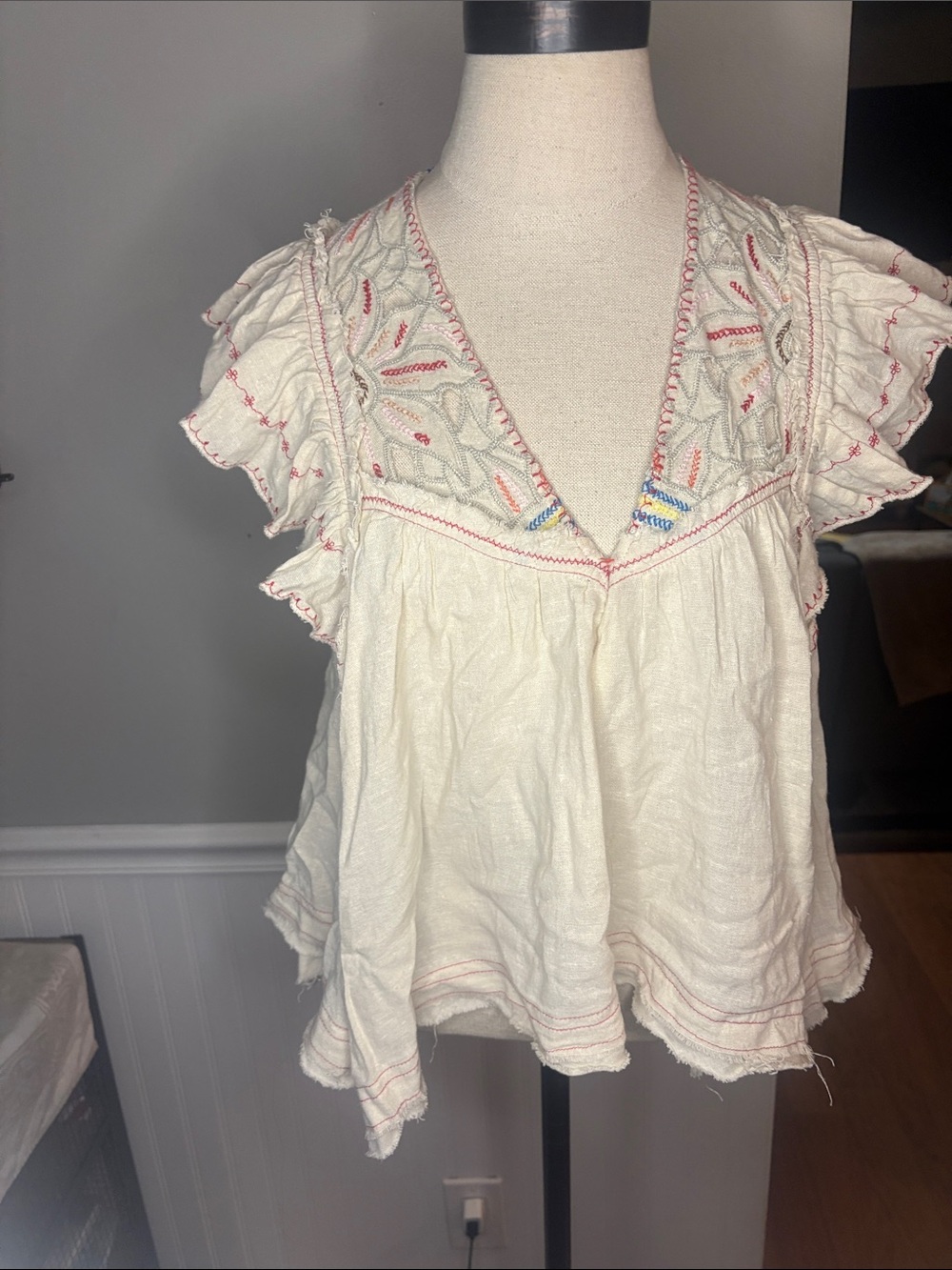 Free People Cream Embroidered V-Neck Flutter Sleeve Top